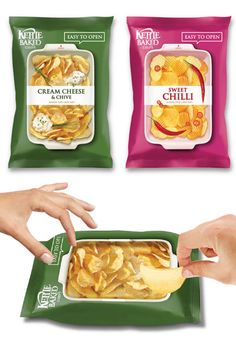 two bags of chips being held over by someone's hand and another bag of chips in the other