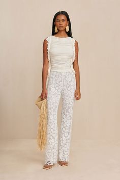 KACI PANT - OFF WHITE – CULT GAIA Corded Lace, Cult Gaia, Scalloped Hem, Floral Motifs, Kid Shoes, Wide Leg Pants, Clothing And Shoes, Wide Leg, Hollywood