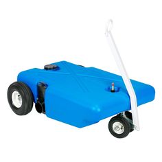 a blue water tank on wheels with a white handle