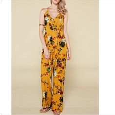 Nwot Golden Yellow Boho Floral Jumpsuit Sz L. 100% Rayon Approx Measurements Bust: 22” Length: 54” Yellow Sleeveless Jumpsuits For Spring, Sleeveless Yellow Jumpsuits And Rompers For Spring, Yellow Fitted Overall Jumpsuit, Fitted Yellow Overall Jumpsuits And Rompers, Yellow Fitted Jumpsuit Romper Overall, Yellow V-neck Jumpsuits And Rompers For Vacation, Mustard Fitted Casual Jumpsuits And Rompers, Casual Yellow Printed Jumpsuits And Rompers, Yellow Floral Print Jumpsuits And Rompers