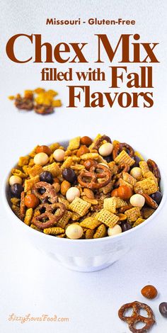 a bowl full of chex mix filled with fall flavors