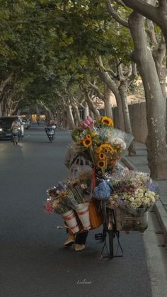 a woman pushing a cart full of flowers down a street next to parked cars and trees