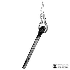 a black and white drawing of a matchstick with fire on it's end