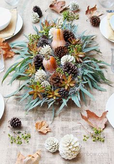 an arrangement of pine cones and succulents on a linen tablecloth with place settings