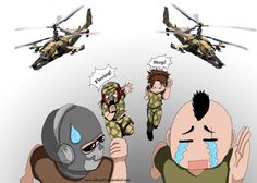 an image of two soldiers being attacked by a helicopter and another soldier holding his head in the air