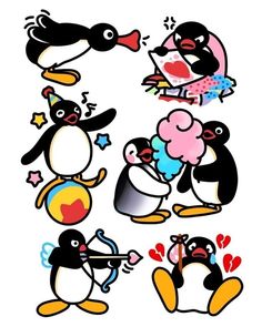 several penguins with different colors and designs on their body, one penguin is eating ice cream