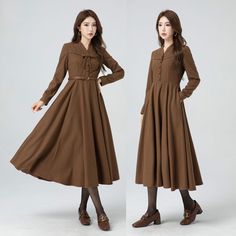 About this item: This long brown wool dress has bow and button decoration. The attention to detail in the construction of this women brown long wool dress is evident in every stitch,  show casing the craftsmanship and expertise that went into its creation.  This made-to-measure brown wool dress，crafted with an eye for detail and a commitment to excellence. DETAIL * 30% wool, 30% fiber, 40% polyester * Fully satiny lining, more nice to the touch body * Two side seam pockets      * Back zipper closure        * Long wool dress * Fit and flare dress * V neckline  * Long sleeves * Brown wool dress * Formal dress * Perfect for autumn and winter * Dry clean * Belt not for sale * Learn More about the items From the FAQs on the page bottom MODEL SIZE Bust 85 cm(33.4") Waist 67 cm(26.7") Height 168c Winter A-line Midi Dress With Buttons, Brown Fall Midi Dress With Button Closure, Fall A-line Midi Dress With Buttons, Vintage A-line Midi Dress For Winter, Brown A-line Dress For Office, Winter Midi Dress With Buttons For Office, Brown Long Sleeve Midi Dress With Buttons, Brown Knee-length Midi Dress For Winter, Vintage Brown Midi Dress For Fall