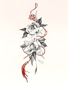 a drawing of some flowers on a white paper with red trimmings and leaves