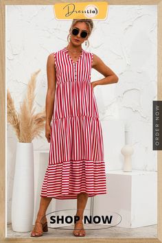 V-neck Striped Button Stitching Dress V-neck Midi Dress With Button Closure For Vacation, A-line Midi Dress With Buttons For Vacation, Vacation A-line Midi Dress With Buttons, Red V-neck Midi Dress With Button Closure, Red V-neck Dress With Buttons, V-neck Button Dress For Vacation, Vacation V-neck Dress With Buttons, V-neck Midi Dress With Buttons For Vacation, Striped Dresses With Button Closure For Vacation