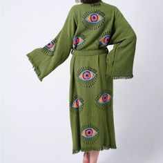 Evil Eye Boho Festival Kimono Boho Beachwear, Bathrobe Avocado Green Casual Embroidered Kimono For Vacation, Embroidered Summer Kimono For Vacation, Summer Vacation Embroidered Kimono, Beach Green Printed Kimono, Green Printed Beach Kimono, Green Printed Kimono For Beach, Bohemian Green Kimono For Beach Season, Green Summer Festival Kaftan, Spring Green Hippie Kaftan