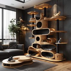 a living room filled with furniture and a cat tree in the middle of the room