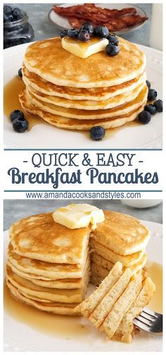 pancakes with butter and blueberries are stacked on top of each other, ready to be eaten