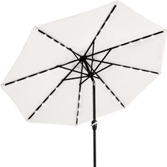 an umbrella with lights attached to it on a black stand against a white background,