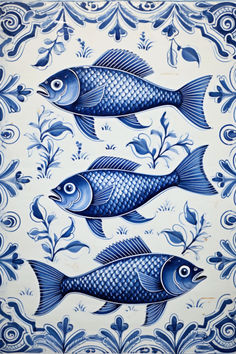 three blue and white fish on a tile