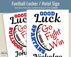 two football locker stickers with the words good luck and john's fish win