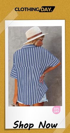 Pocketed Striped Shirt Striped Cotton V-neck Shirt, Striped V-neck Cotton Shirt, Trendy Striped Blouse For Vacation, Chic Beach Shirt With Pockets, Summer Cotton Half Sleeve Tops, Striped Summer Shirt For Day Out, Summer Cotton Top With Half Sleeves, Chic Striped Shirt For Beach, Summer Chic Striped Shirt