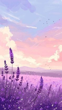 a painting of purple flowers and birds flying in the sky over a lavender field at sunset