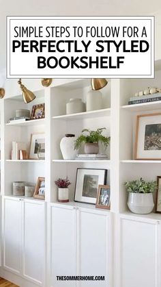 some bookshelves with pictures and plants on them