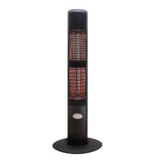 a black tower heater sitting on top of a table