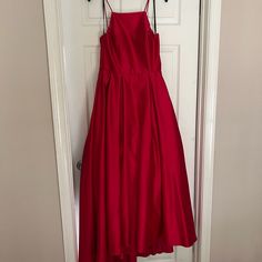 Beautiful Nwt Red Satin Square Neck Hi Lo Dress With Taffeta Lining Under Skirt - Size 12 But Fits Like A 10 Red Evening Dress For Homecoming, Red Bridesmaid Evening Dress, Red Silk Gown For Formal Occasions, Elegant Red Gown For Homecoming, Red Silk Formal Gown, Red Silk Dress For Prom Season, Red Homecoming Gown, Red Silk Dress With Fitted Bodice, Red Silk Gown With Fitted Bodice