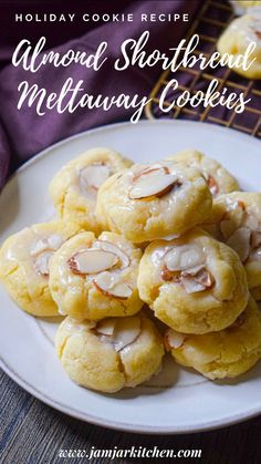 almond shortbread cookies on a plate with the words holiday cookie recipe above it and below