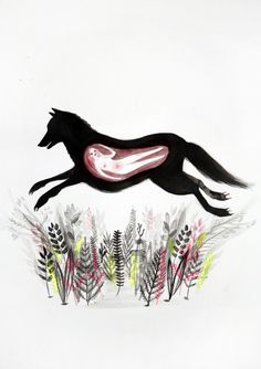 a drawing of a running horse in the middle of some plants and flowers on a white background