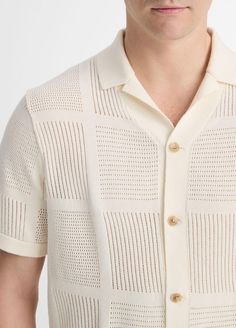 An elevated take on the classic cabana shirt, our version is compact-knit from lightweight cotton and finished with patchwork pointelle stitching throughout. Baby Clothes Sale, Knit Men, Sweater Collection, Men's Knit, Gentleman Style, Knitted Tshirt, Oxford Shirt, Knit Fashion, Knit Shirt