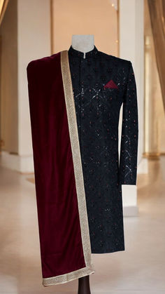 Black Designer Sherwani with Maroon Turban and Same Fabric Shoes Black Bandhgala For Festivals, Ceremonial Luxury Dupatta With Traditional Drape, Black Sherwani For Wedding And Festivals, Formal Black Sherwani With Dupatta, Elegant Black Sherwani With Traditional Drape, Black Fitted Sherwani With Dupatta, Black Sherwani With Dabka For Festivals, Black Dabka Sherwani For Festivals, Luxury Black Sherwani With Zari Work