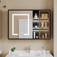 a bathroom with a sink, mirror and shelves on the wall above it that are open