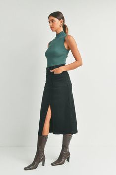 Fall Denim Midi Skirt With Pockets, Fall Midi Denim Skirt With Pockets, Relaxed Midi Denim Skirt, Stretch Midi Skirt For Fall, Fall Workwear Midi Bottoms, Midi Length Bottoms For Workwear In Fall, Fall Workwear High Waist Maxi Skirt, High Waist Relaxed Pencil Skirt For Fall, High Waist Maxi Skirt For Work In Fall