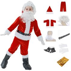 a little boy dressed as santa claus and other christmas accessories including gloves, mittenss, gloves