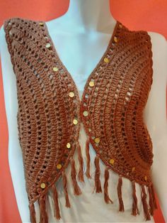 Crochet Sleeveless Vest, Women Bohemian Clothing Knitted from 100% brown cotton yarn, decorated with sequins and fringe Crochet Boho Vest, Vest Crochet, Boho Vest, Crochet Boho, Western Tops, Knitted Vest, Cotton Vest, Crochet Vest, Summer Clothing