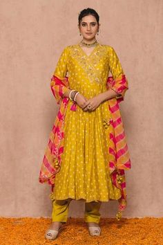 Shop for Surbhi shah Yellow Pure Cotton Bandhej Print Angrakha Anarkali Set for Women Online at Aza Fashions Leheriya Dupatta, Angrakha Anarkali, Gota Patti Embroidery, Bandhej Print, Scalloped Border, Types Of Work, Luxury Sale, Pattern Embroidery, Straight Pants