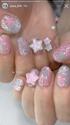 Conversation Hearts Nails, Jelly Nails With Charms, Iridescent Pink Nails, Pink And Blue Nail Art, Cute Nail Designs Short, Glittery Pink Nails, Decora Nails, Aquamarine Nails, Harajuku Nails