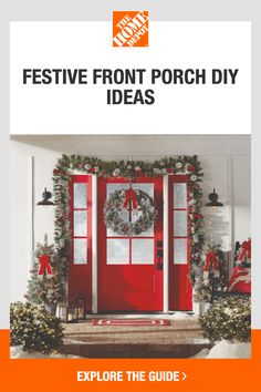 the front porch is decorated for christmas with red doors and wreaths