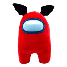 a red stuffed animal with black ears and eyes