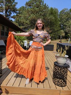 Listing is just for the full circle 25 yrds skirt in 100% cotton - One size fits most S to 2X - please refer to the measurements . Skirt  Measurement :  Measurement  (Approx):  Waist: 26" streches up to 50"  Lenght : 36"  Hips : 50" 100 % cotton  Very comfy .  Model is size M , 5' 4"  I sell these locally too , so of you see it disappearing from here , you know why Thanks for looking , stay safe! :) Tags : cotton, bellydance, Flamenco, Maxi,  boho , flare , bohemian, skirt Flowy Red Maxi Skirt In Hippie Style, Red Flowy Maxi Skirt In Hippie Style, Orange Maxi Skirt Outfit, Red Hippie Style Flowy Maxi Skirt, Skirt Measurement, Bohemian Flowy Full-length Maxi Skirt, Bohemian Full-length Summer Maxi Skirt, Orange Maxi Skirt, Outfit Hippie