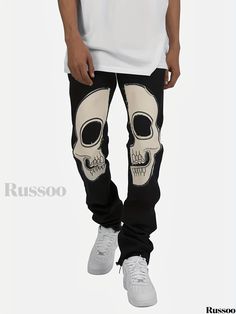 Russoo - Mens Casual Denim Pants with Halloween Skull Print, Featuring Hip Hop Street Style Punk Jeans For Halloween Streetwear, Punk Halloween Jeans For Streetwear, Black Jeans For Halloween Streetwear, Skull Print Cotton Bottoms For Streetwear, Halloween Streetwear Black Pants, Black Pants For Halloween Streetwear, Cotton Pants For Halloween Streetwear, Casual Black Skull Print Bottoms, Casual Black Bottoms With Skull Print