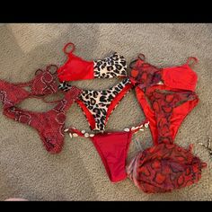 Small Shein Bikini Bundle. Red Snake Print And Leopard Print. Cheetah. Some Brand New Never Used. One Come With Coverup Skirt Red Fitted Swimwear For Beach, Red Fitted Swimwear For The Beach, Fitted Red Swimwear For Beach, Red Stretch Swimwear For Beach Party, Red Trendy Swimwear For Vacation, Red Beachy Swimwear For Holiday, Trendy Red Swimwear For Vacation, Red Halter Neck Swimwear For Vacation, Trendy Red Swimwear For Poolside