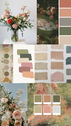 a collage of different shades of pink, peach and green with flowers in vases