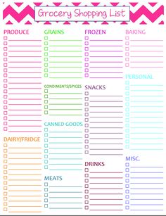 the grocery list is shown in pink and green