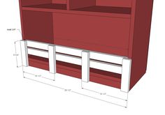 an image of a red bookcase with two shelves and measurements for the bottom shelf