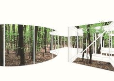 an image of the inside of a house in the woods with trees and stairs leading up to it