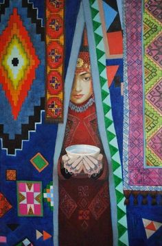 a painting of a woman holding a bowl in front of colorful wall hangings and rugs