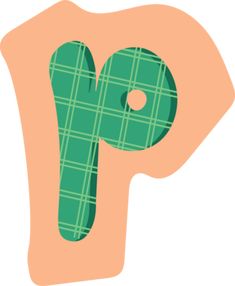 the letter p is made up of green plaid fabric and has a hole in it