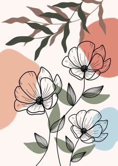 three flowers with leaves on a pink, blue, and orange color scheme in the background