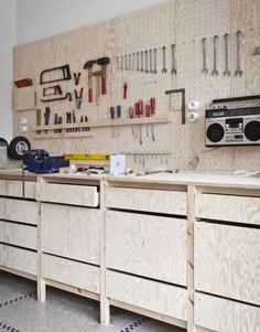 the workbench has many tools on it