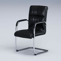 a black office chair sitting on top of a metal frame base with armrests