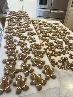 two rows of decorated gingerbreads sitting on top of a counter next to an oven