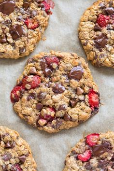 cookies with chocolate chips and strawberries on top